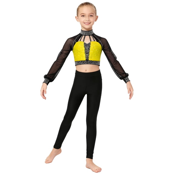 Zaldita Kids Girls Shiny Rhinestone Long Sleeve Dance Crop Top with Figure Skating Leggings Set Performance Dancewear Yellow 10