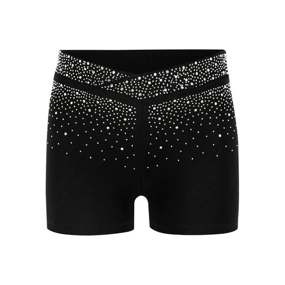 Zaldita Kids Girls Shiny Rhinestones Gymnastics Dance Shorts Vfront Stretch Figure Skating Training Bottoms Black 10