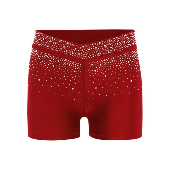 Zaldita Kids Girls Shiny Rhinestones Gymnastics Dance Shorts Vfront Stretch Figure Skating Training Bottoms Burgundy 16