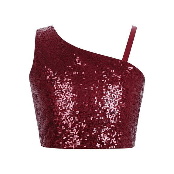 Zaldita Kids Girls Shiny Sequins Dance Crop Tops One Shoulder T-Shirt Jazz Hip Hop Dance Performance Top Burgundy 8
