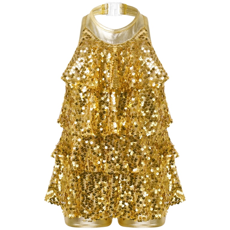 Zaldita Kids Girls Shiny Sequins Dance Dress Tassel Latin Dress Salsa Samba Dance  Costumes Gold 10 - Walmart.com