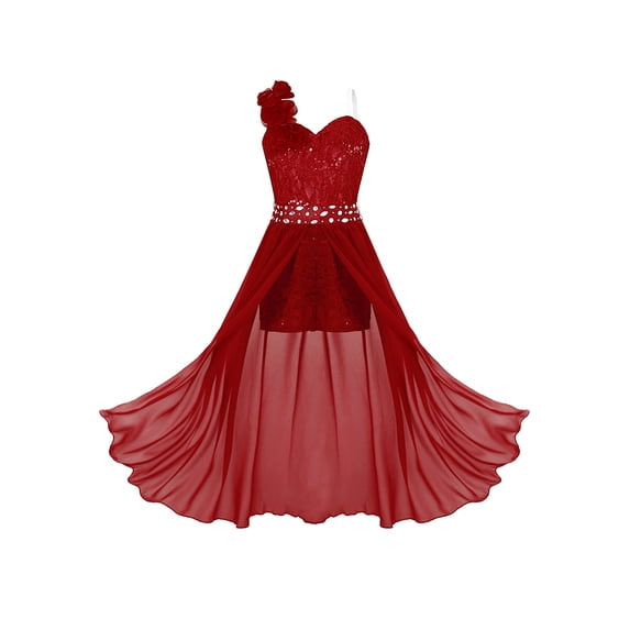 Zaldita Kids Girls Shiny Sequins Formal Dance Romper Dress One Shoulder Jumpsuit Burgundy 16