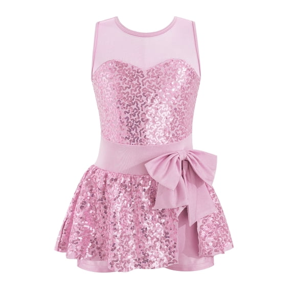Zaldita Kids Girls Shiny Sequins Sleeveless Mesh Spliced Leotard Dress with Bowknot Modern Ballet Pink 10