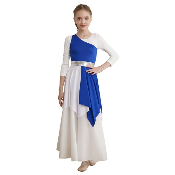 Zaldita Kids Girls Sleeveless Ballet Praise Lyrical Dance Dress Metallic Color Block Liturgical Worship Costume Dancewear Blue 10