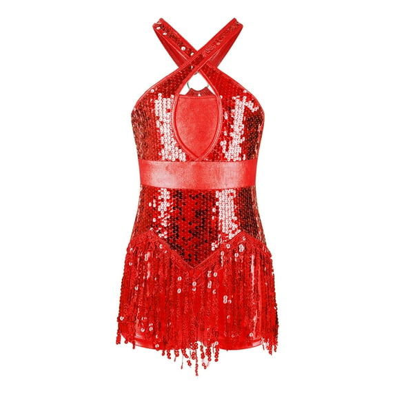 Zaldita Kids Girls Sleeveless Halter Sequins Latin Salsa Dance Dress Tassel Ballroom Dance Leotard Red 14