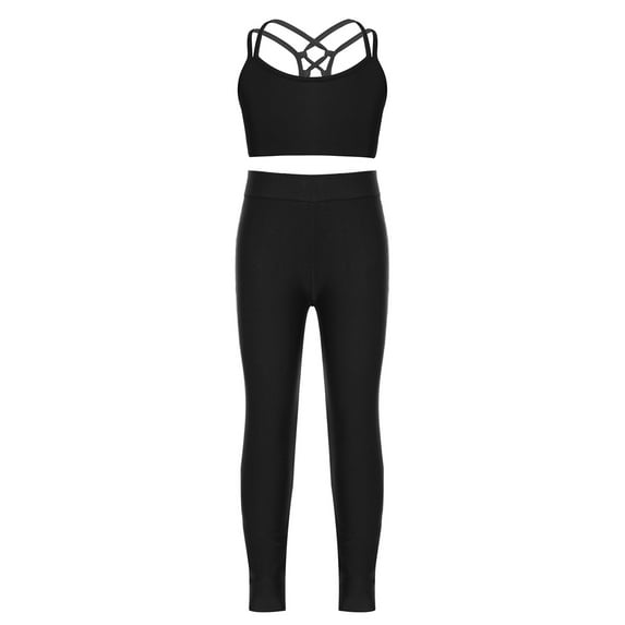 Zaldita Kids Girls Solid Color Sport Workout 2 Pieces Yoga Dance Top with Legging Pants Set Tracksuits Black 14