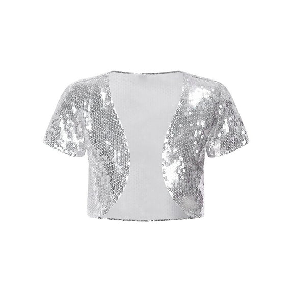Zaldita Kids Girls Sparkle Sequins Bolero Shrug Open Front Short Cardigan Jacket Wedding Party Dress Coat Silver 6