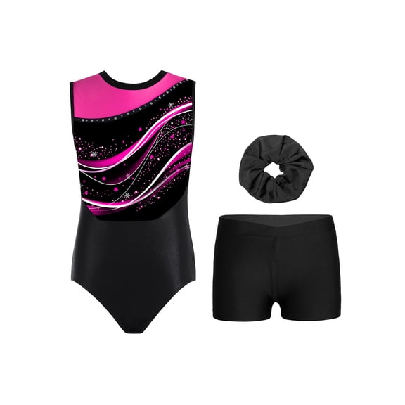 Zaldita Kids Girls Sparkly Print Sleeveless Gymnastics Ballet Dance Leotard Unitard Biketard with Shorts Hairband Set Hot Pink 12