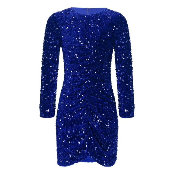 Zaldita Kids Girls Sparkly Sequin Formal Dress Long Sleeve Front Ruched Velvet Bodycon Birthday Party Dresses Royal Blue 14