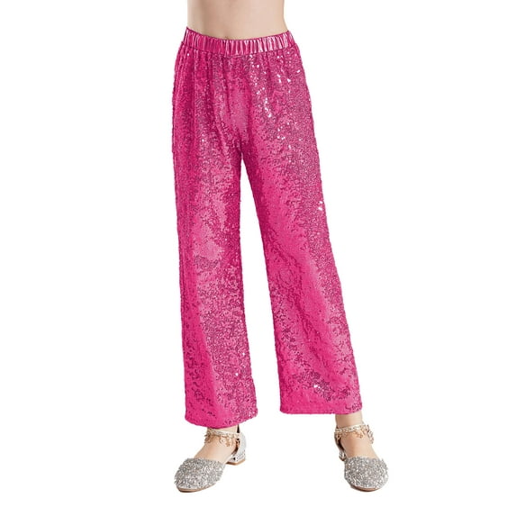 Zaldita Kids Girls Sparkly Sequins Dance Pants Elastic Waist Bottoms Trousers Hip Hop Jazz Disco Costume Hot Pink 10