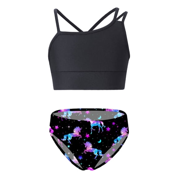 Zaldita Kids Girls Two Piece Swimsuit Tankini Wetsuit Rash Guard Cami and Brief Panties Trunks Set Black&Night Pegasus 12