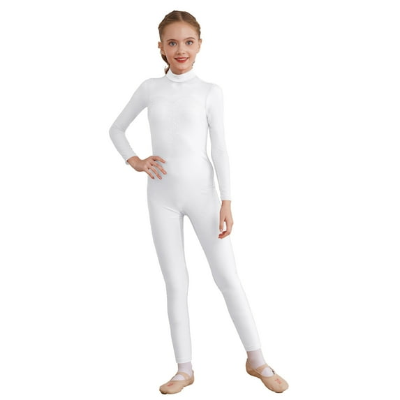 Zaldita Kids Girls Unitard Rhinestone Gymnastics Leotard Dance Bodysuit Full Body Figure Ice Skating Jumpsuit White 14