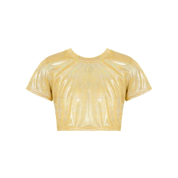 Zaldita Kids Hip Hop Dance Crop Tops Girls Boys Shiny Metallic Street Shirts Glitter Cropped T Shirt Gold 9-10