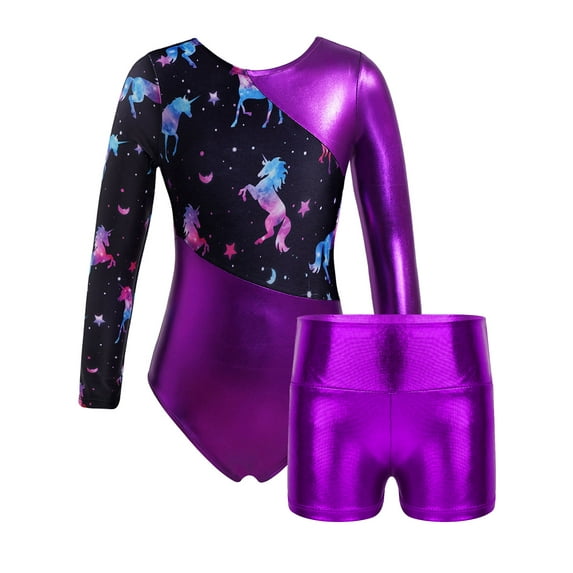 Zaldita Kids Long Sleeve Gymnastics Leotards for Girls Ballet Dance Biketards Athletic Shorts Outfits Purple 14