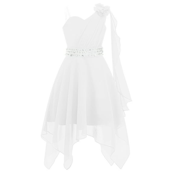 Zaldita Kids One Shoulder Flower Girl High Low Dress Pleated Chiffon Junior Bridesmaid Dresses White 6