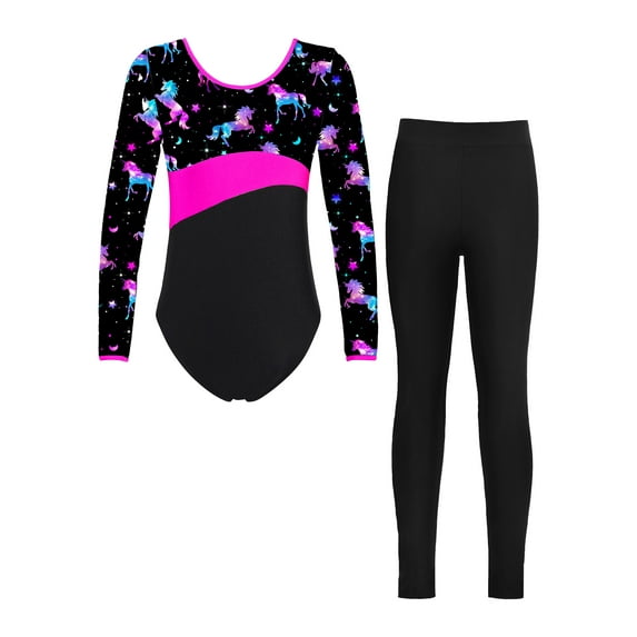 Zaldita Leotard for Girls Gymnastics Dancewear Printed Back Cross Leotard with Trousers 2 Pieces Rose&Black 10