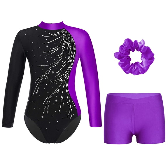 Zaldita Little Girls Gymnastics Leotard with Shorts Sparkly Dance Biketard Unitards Matching Hair Purple 10