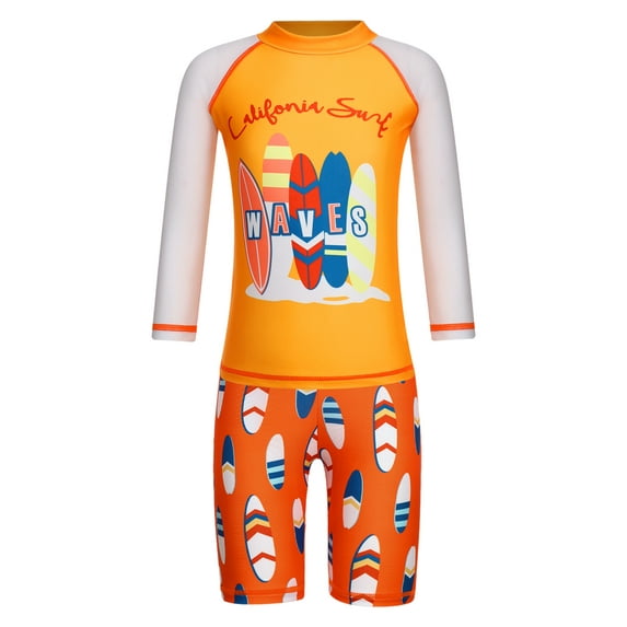 Zaldita Little Kid Swimsuit Boys Cute Cartoon Long Sleeve Tankini Bathing Suit Summer Beach Swimwear Orange 8-9