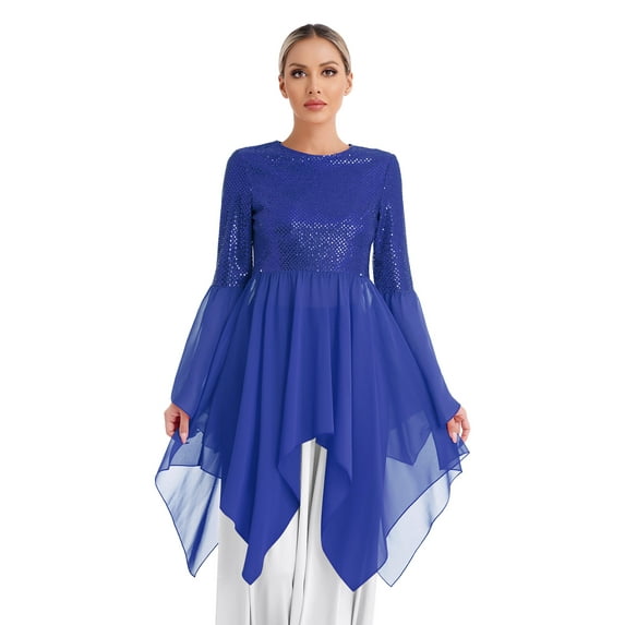 Zaldita Liturgical Praise Dance Dress for Women Shiny Sequins Lyrical Worship Dance Tunic Blue XL