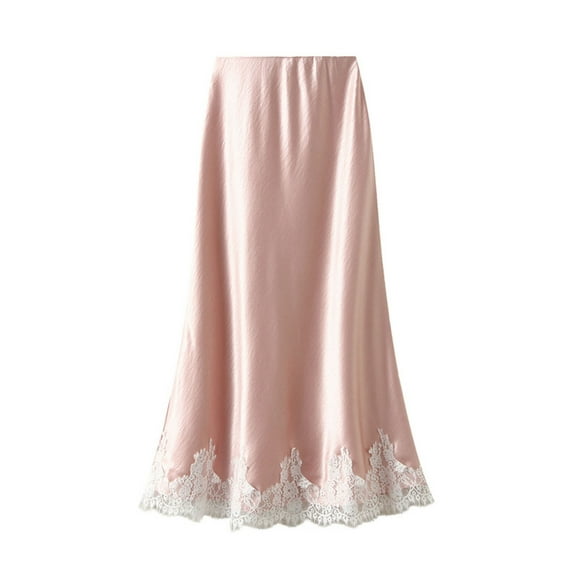 Zaldita Long Skirt for Women Silk Satin Lace Trim High Waist Casual Flowy A-line Summer Midi Skirt Pink M