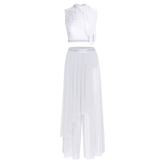 Zaldita Lyrical Dance Outfit for Women Crop Top Mesh Wide Leg Pants Contemporary Dancewear White L