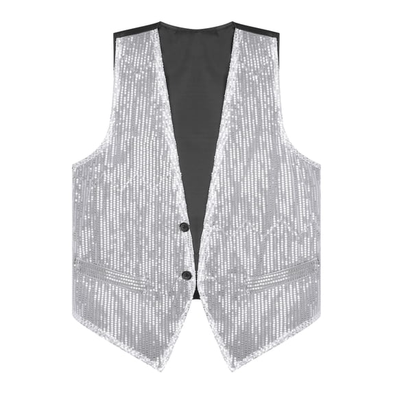 Zaldita Men Sequin Blazers Vest Gliter Suit Vest Nightclub Stage Clothes Shiny Sequin Waistcoat Vest Silver M