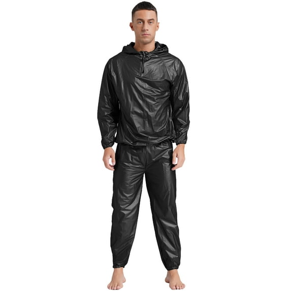Zaldita Men's Anti-Rip Sauna Suit Weight Loss Sweat Suit Training Gym Workout with Jacket Hood Type B Black M