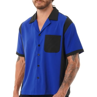 Zaldita Men's Color Block Button Down Bowling Shirt Short Sleeves Notched Collar Camp Shirt Royal_Blue XXXL