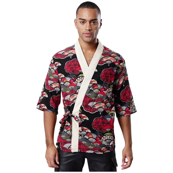 Zaldita Men's Floral Printed Chef Jacket Japanese Sushi Chef Coat Kitchen Restaurant Cooking Uniform Workwear Red Beige L