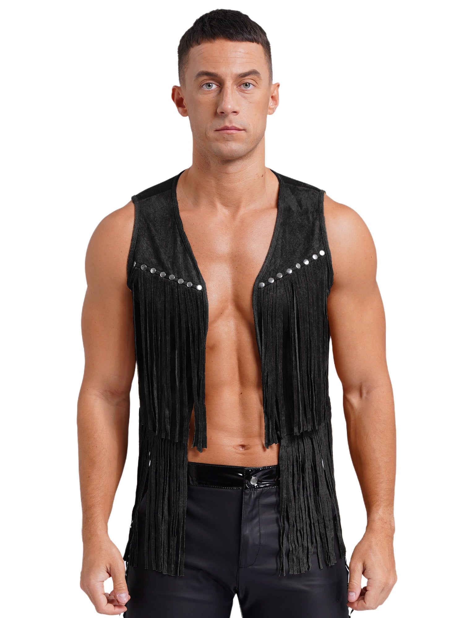 Zaldita Men's Fringe Open Front Vest Jacket Sleeveless Tassel Tops