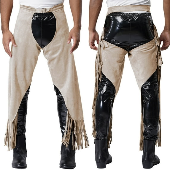 Zaldita Men's Leather Vintage Cowboy Chaps With Basketweave Yoke Split Motorcycle Riders Pants Beige L