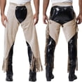 thumbnail image 1 of Zaldita Men's Leather Vintage Cowboy Chaps With Basketweave Yoke Split Motorcycle Riders Pants Beige S, 1 of 6