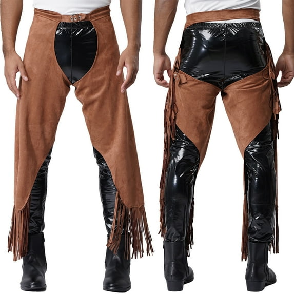 Zaldita Men's Leather Vintage Cowboy Chaps With Basketweave Yoke Split Motorcycle Riders Pants Brown XL
