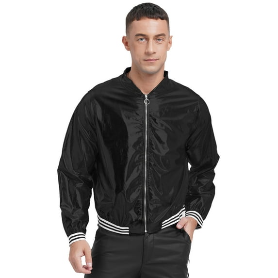 Zaldita Men's Metallic Jacket Lightweight Zip Up Shiny Holographic Baseball Bomber Varsity Jacket Black XXL