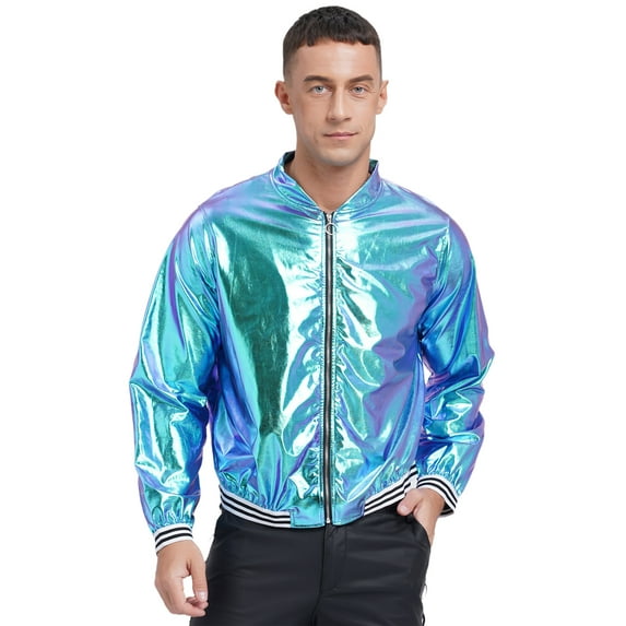 Zaldita Men's Metallic Jacket Lightweight Zip Up Shiny Holographic Baseball Bomber Varsity Jacket Blue XXL