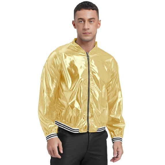 Zaldita Men's Metallic Jacket Lightweight Zip Up Shiny Holographic Baseball Bomber Varsity Jacket Gold 3XL
