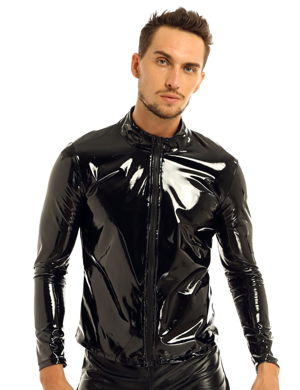 Zaldita Men's Shiny Metallic PVC Leather Zipper Front Latex Rubber