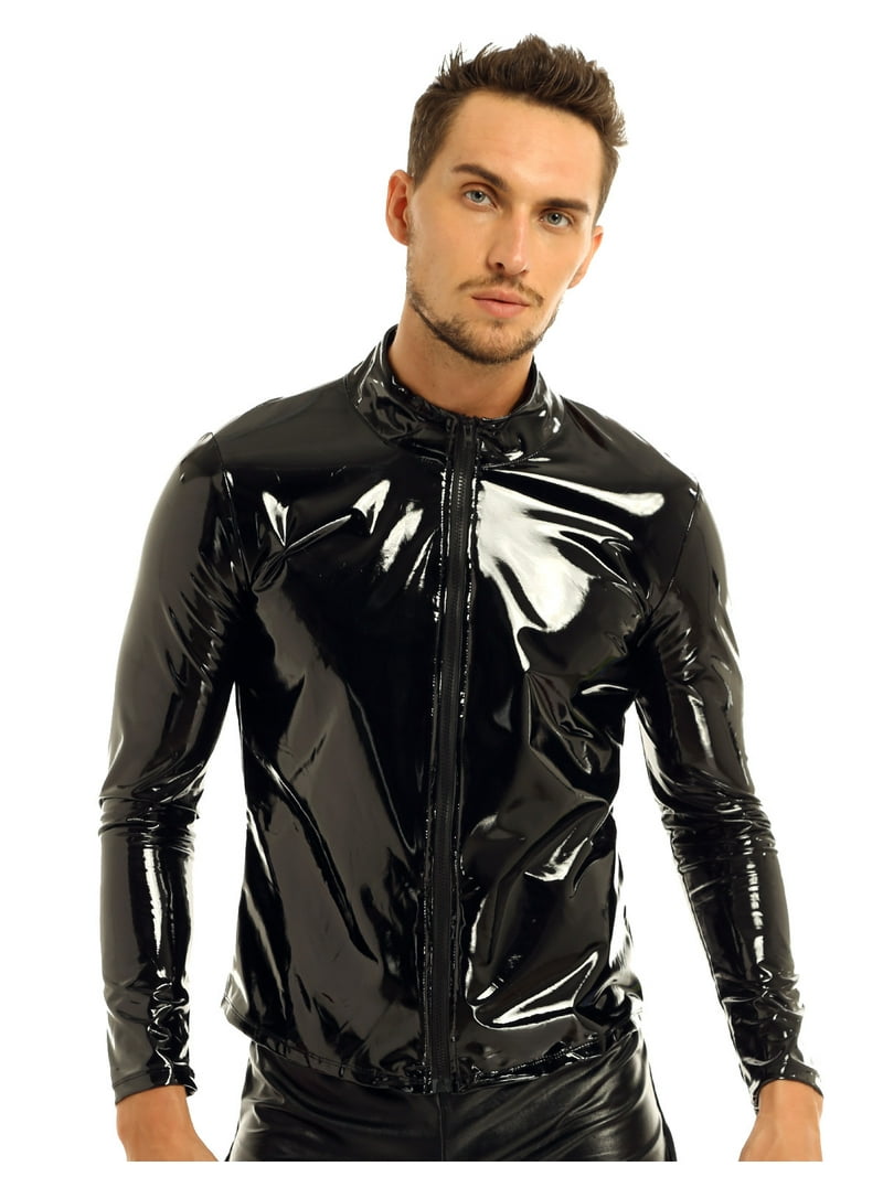Zaldita Men's Shiny Metallic PVC Leather Zipper Front Latex Rubber