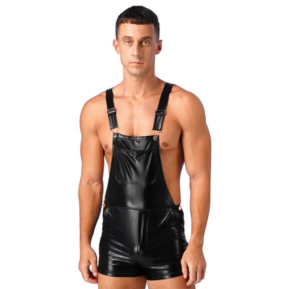 Zaldita Men's Shiny Metallic Shorts Dungarees Suspender Hot Pants Spandex Leotard Bodysuit Black M