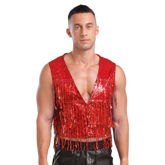 Zaldita Men's Shiny Sequin Club Vest Glitter Tassel Sleeveless Waistcoat V Neck Open Front Cardigan Red M
