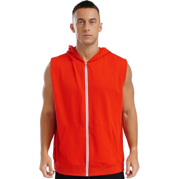 Zaldita Men's Sleeveless Workout Hoodies Tank Tops Zip-up Hooded Vest Jacket with Kangaroo Pocket Red L