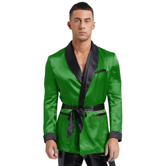 Zaldita Men's Smoking Jacket Satin Gown Robe Long Sleeve Short Kimono Smoking Robe Coat with Belt Green S
