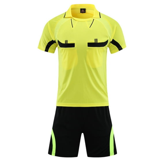 Zaldita Men's Soccer Referee Jersey Outfits Short Sleeve Pro Referee Shirts with Shorts Set Football Yellow L