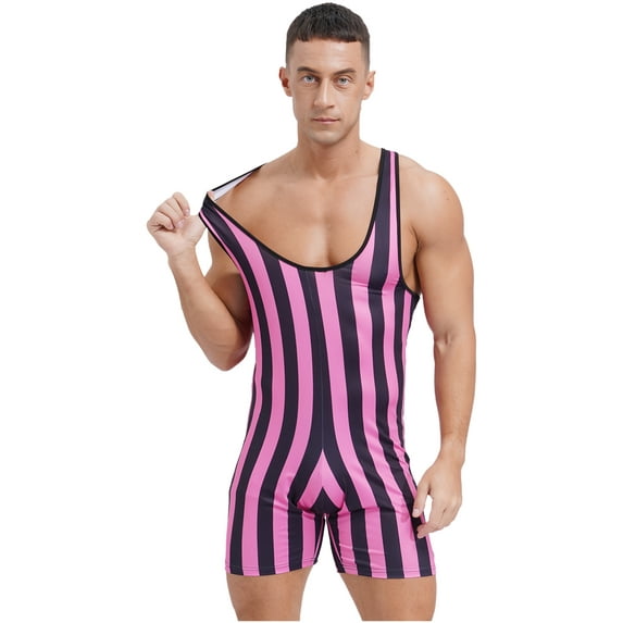 Zaldita Men's Striped Wrestling Singlet Bodysuits Swimsuit One Piece Sleeveless Gymnastic Sports Hot Pink 3XL