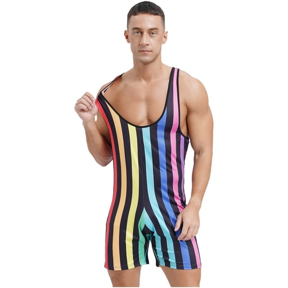 Zaldita Men's Striped Wrestling Singlet Bodysuits Swimsuit One Piece Sleeveless Gymnastic Sports Rainbow XL