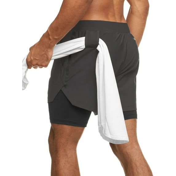 Zaldita Mens 2 in 1 Sport Shorts Cycling Biker Shorts Quick Drying Boyshorts Swim Trunks Beachwear Dark Grey L