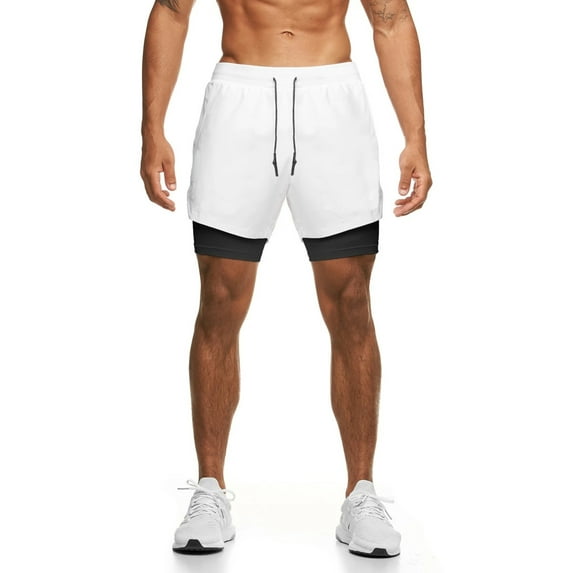 Zaldita Mens 2 in 1 Sport Shorts Cycling Biker Shorts Quick Drying Boyshorts Swim Trunks Beachwear White L