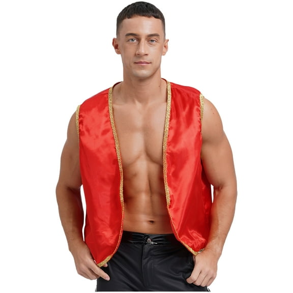 Zaldita Mens Halloween Tops Shiny Stain Vest Gold Trim Sleeveless Open Front Waistcoat A Burgundy 3XL
