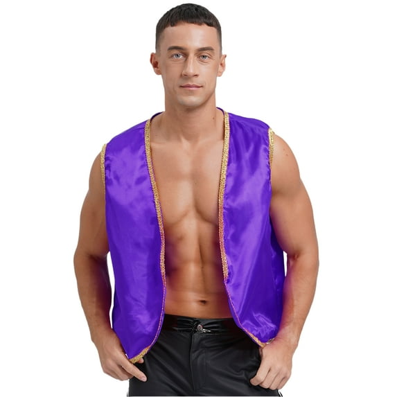 Zaldita Mens Halloween Tops Shiny Stain Vest Gold Trim Sleeveless Open Front Waistcoat Dark Purple 3XL