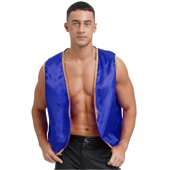 Zaldita Mens Halloween Tops Shiny Stain Vest Gold Trim Sleeveless Open Front Waistcoat Royal Blue XL